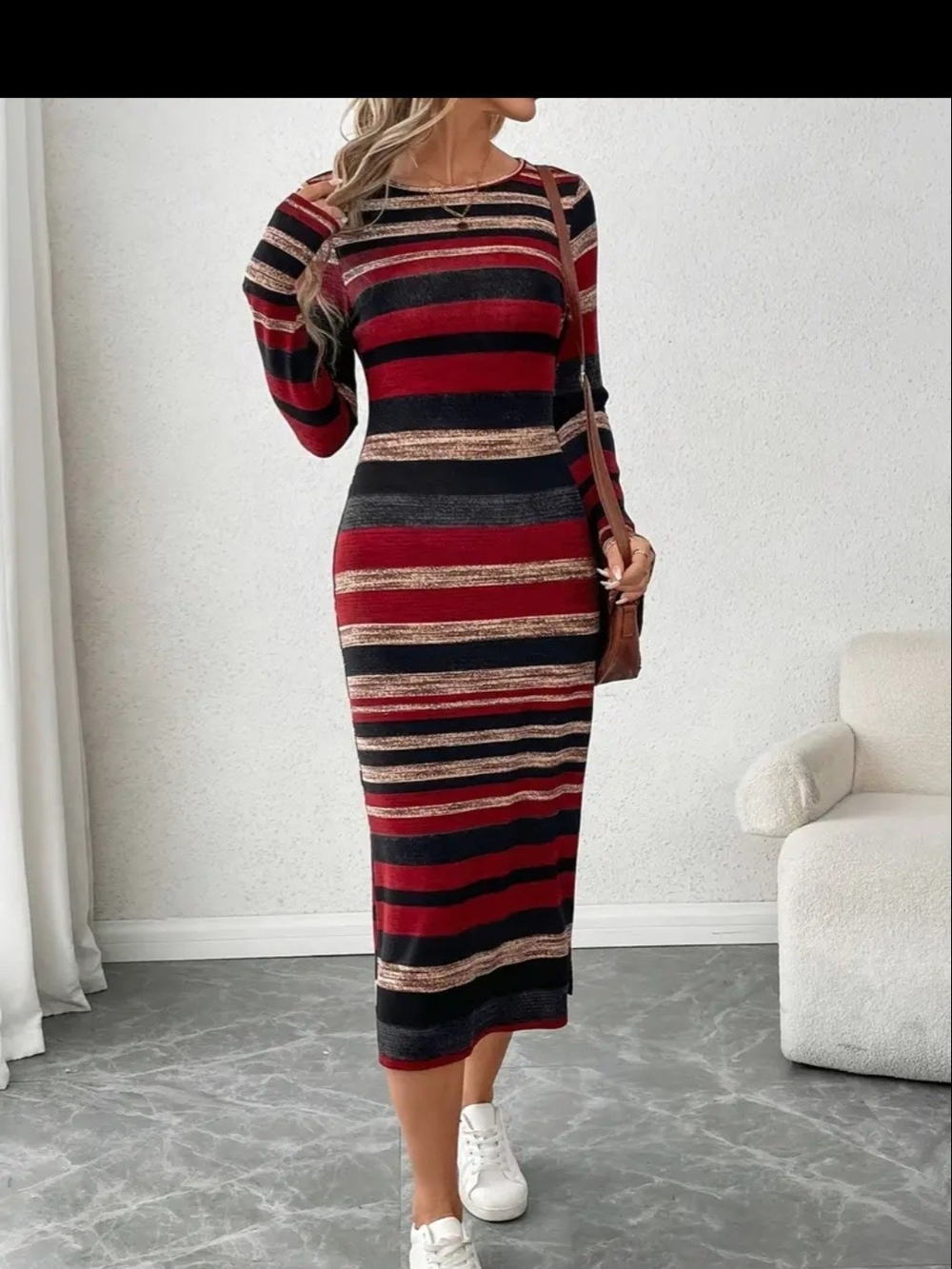 Striped Long Sleeve Midi Dress in Red, Black and Tan